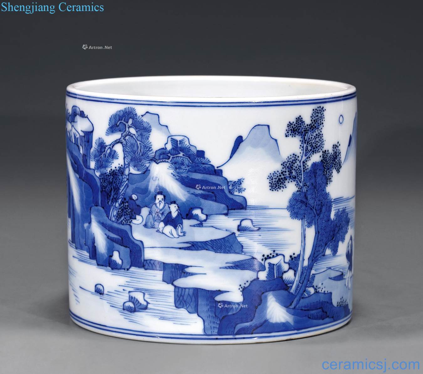 The qing emperor kangxi Blue and white landscape pattern brush pot