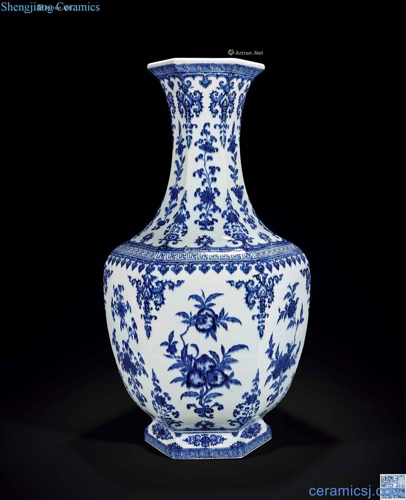 Qing qianlong Blue and white ruffled branch flowers and grain six-party large bottle