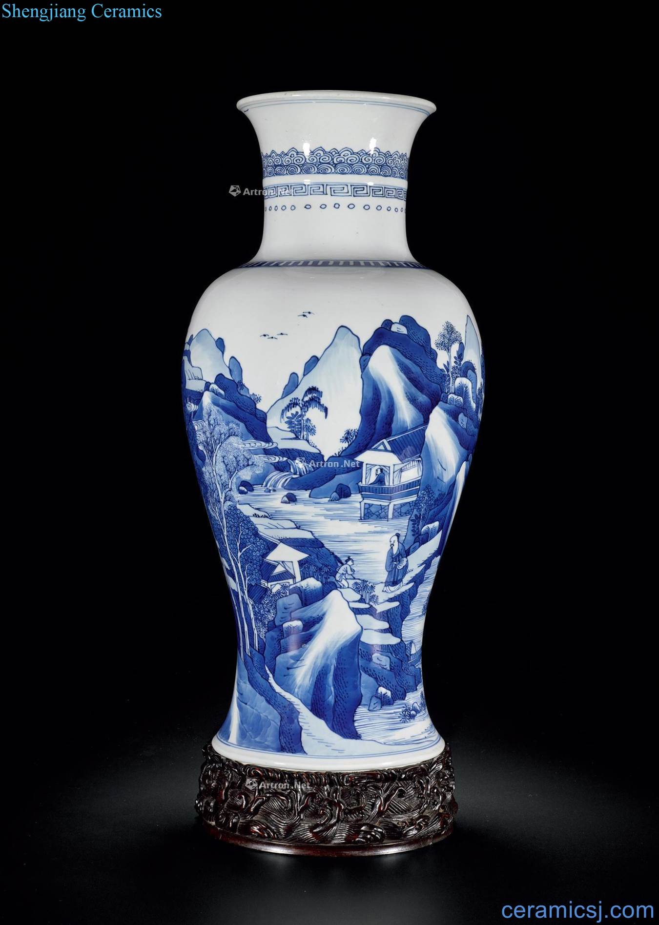 The qing emperor kangxi Blue and white landscape character of goddess of mercy bottle