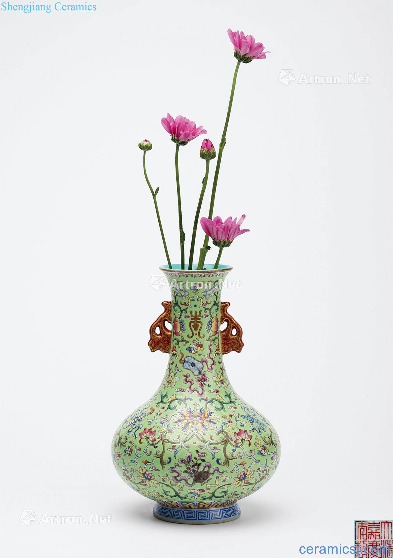 Qing jiaqing green enamel paint "dark" the eight immortals vase with a lotus flower therefore