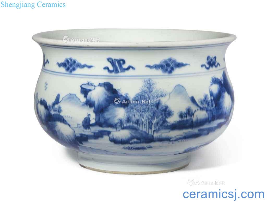 The qing emperor kangxi Blue and white landscape figure incense burner