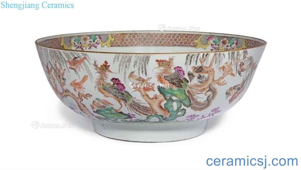 Qing qianlong pastel figure large bowl of birds