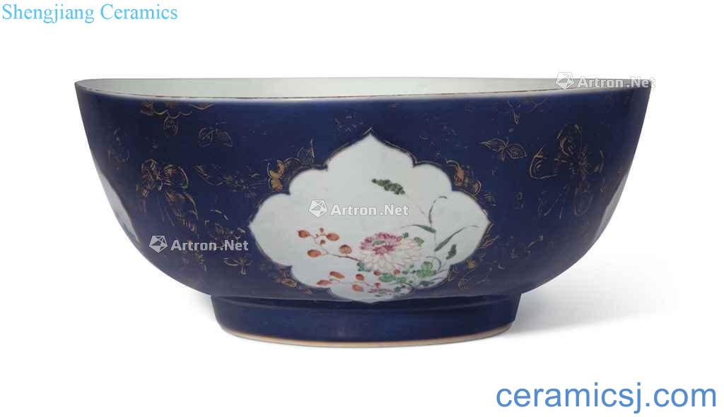 Qing qianlong sprinkles pastel blue ground medallion flowers green-splashed bowls