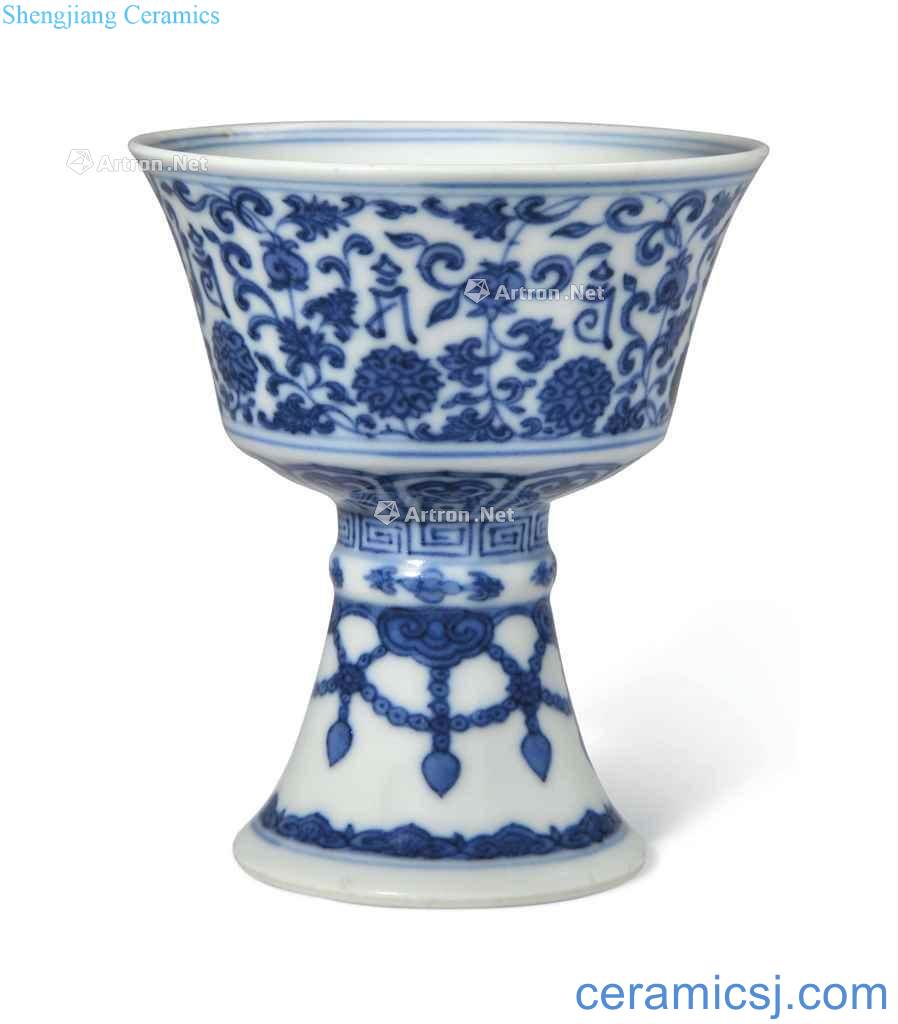 Qing daoguang Blue and white Sanskrit lotus flower grain footed bowl