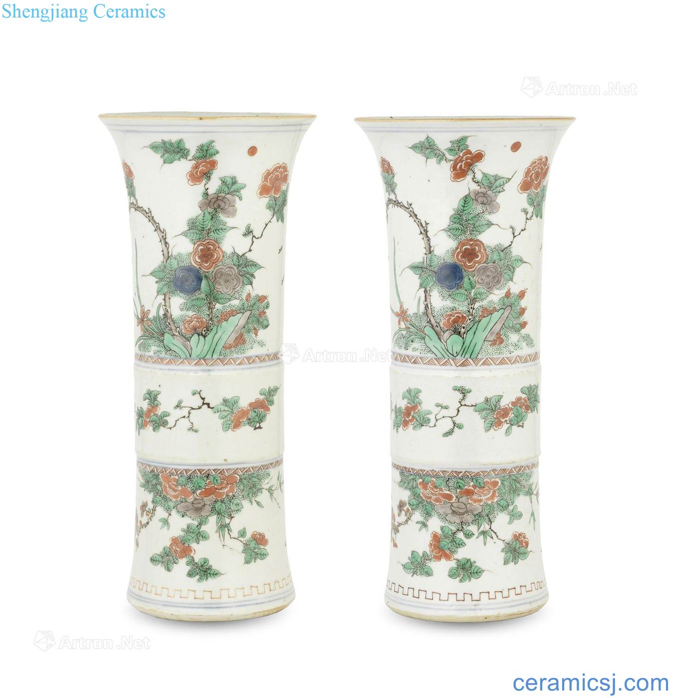 Qing shunzhi Colorful flowers and birds grain flower vase with (a)