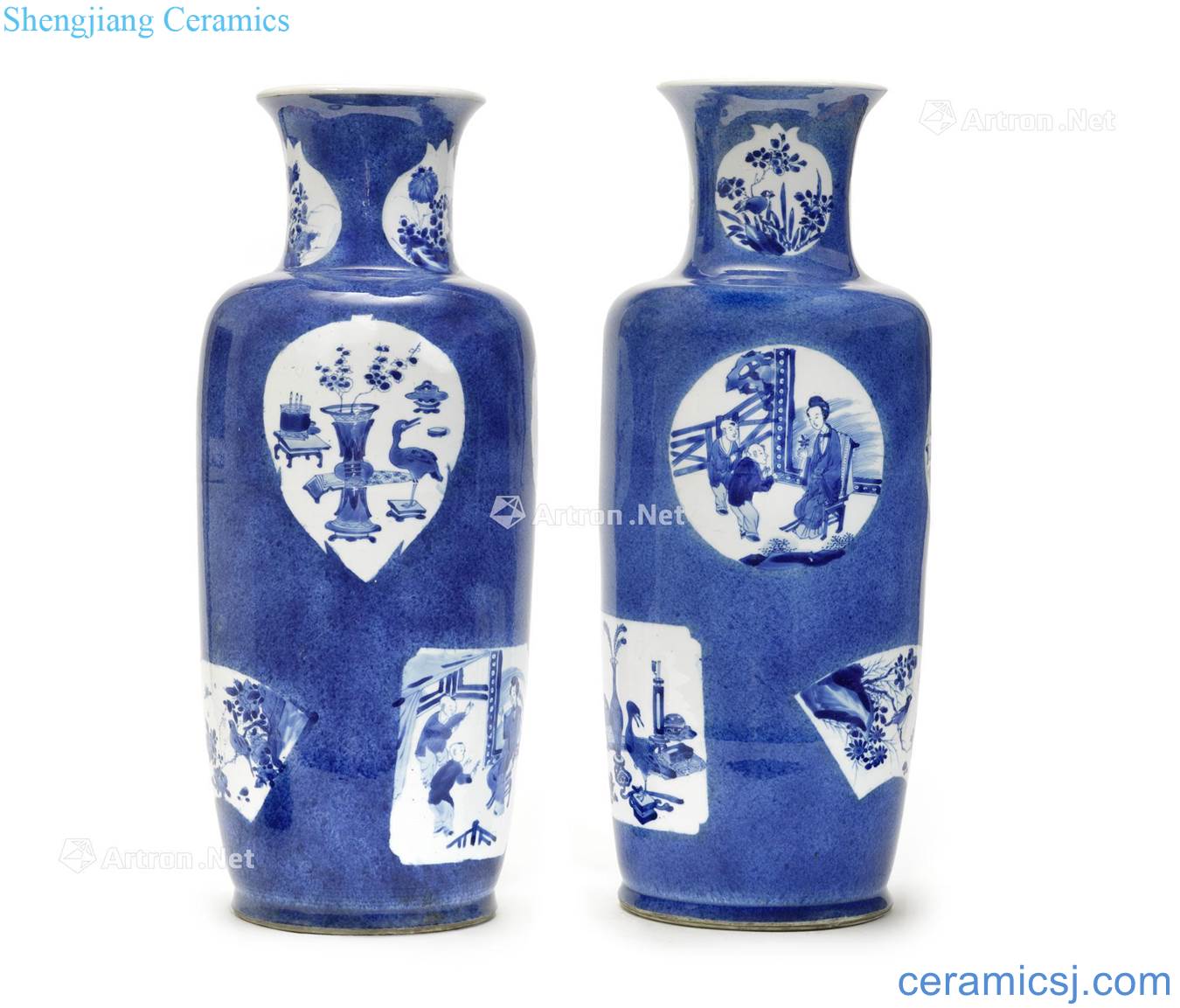 The qing emperor kangxi to medallion flowers with blue character figure wooden stick bottle (a)