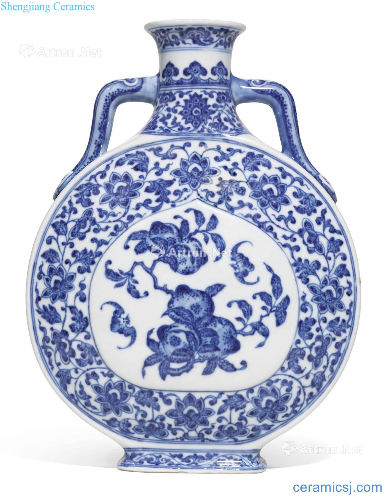 Qing qianlong Blue and white tie into a lotus flower grain apricot round medallion live figure ears flat pot