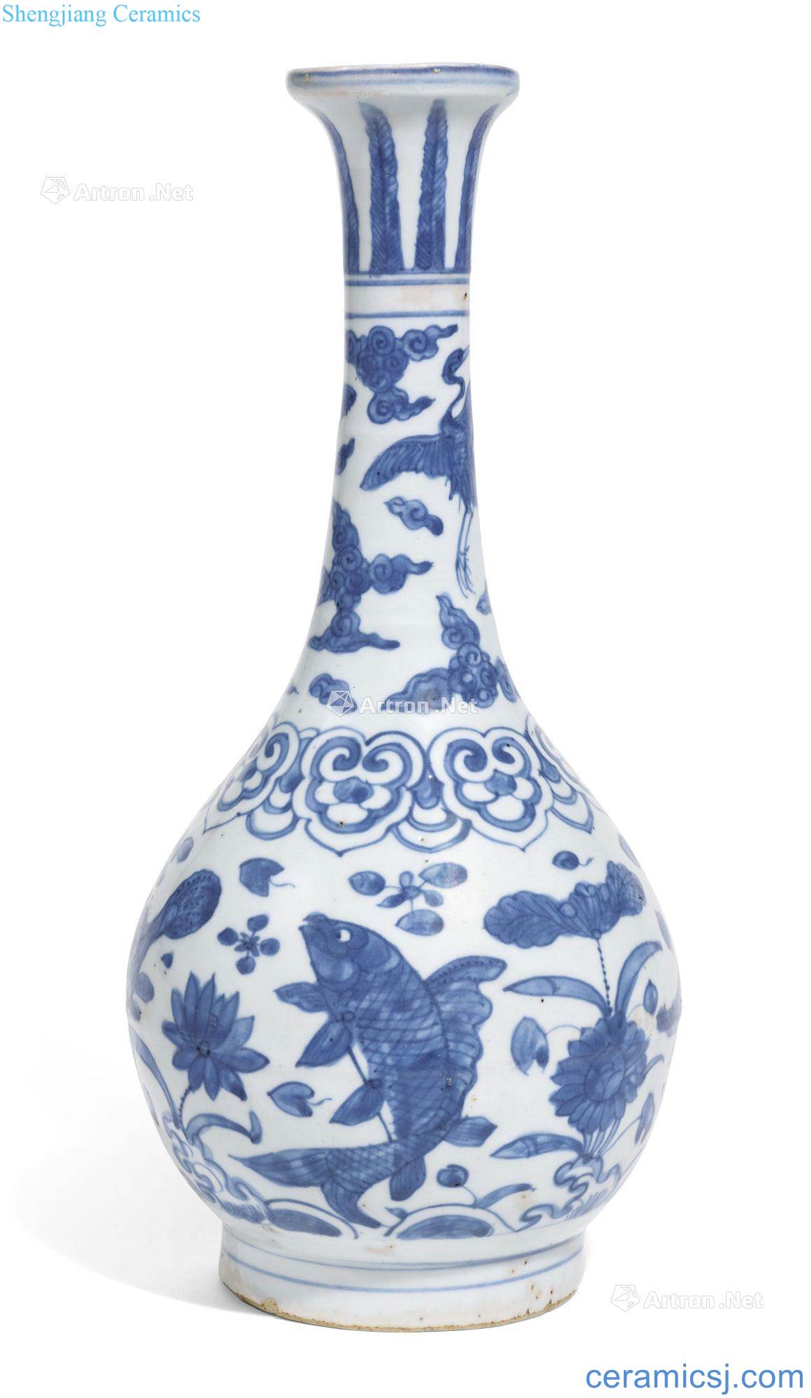 Ming jiajing/wanli Blue and white like a duck to water lines okho spring bottle