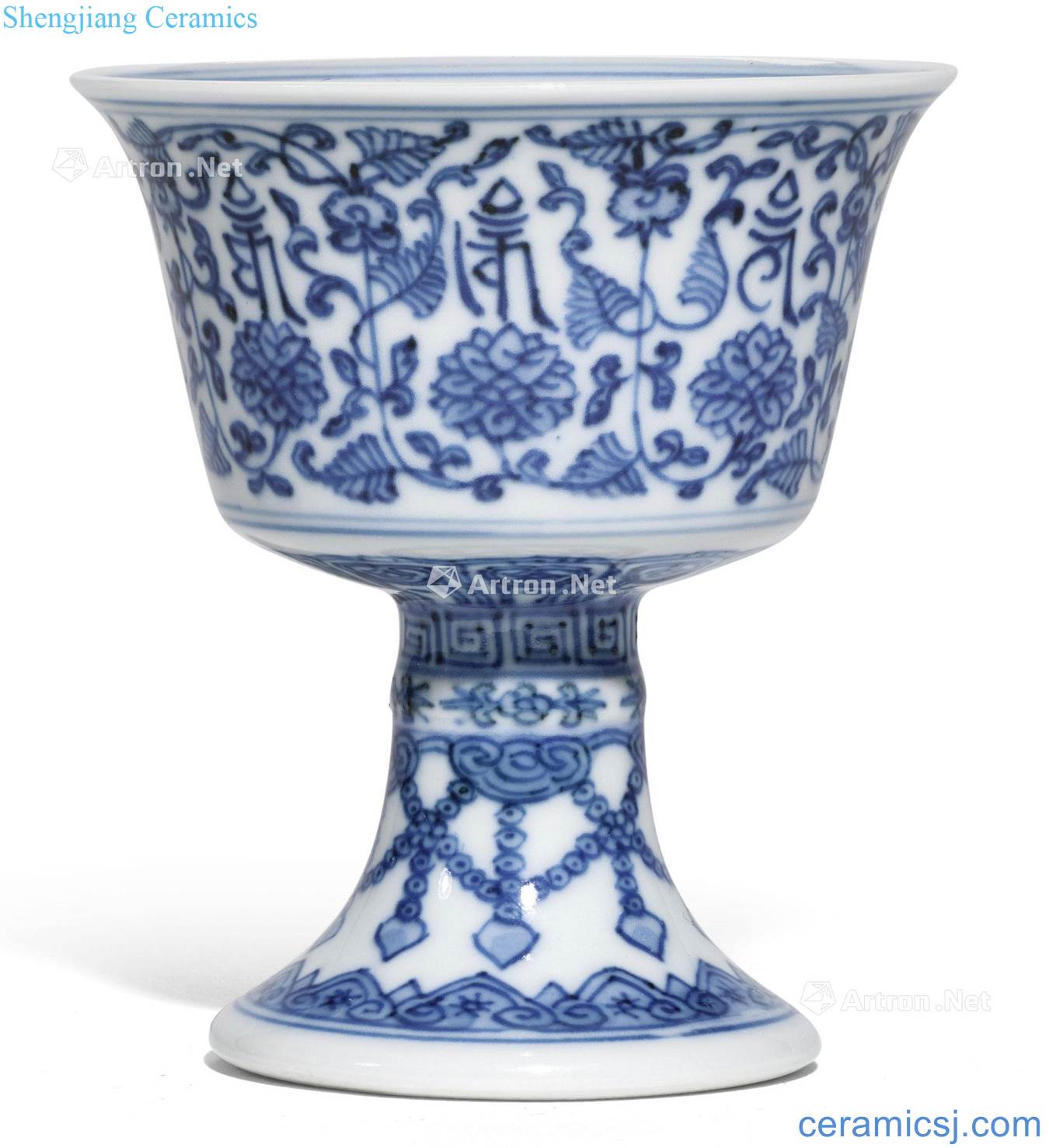 Qing qianlong Blue and white Sanskrit branch flowers lines footed cup