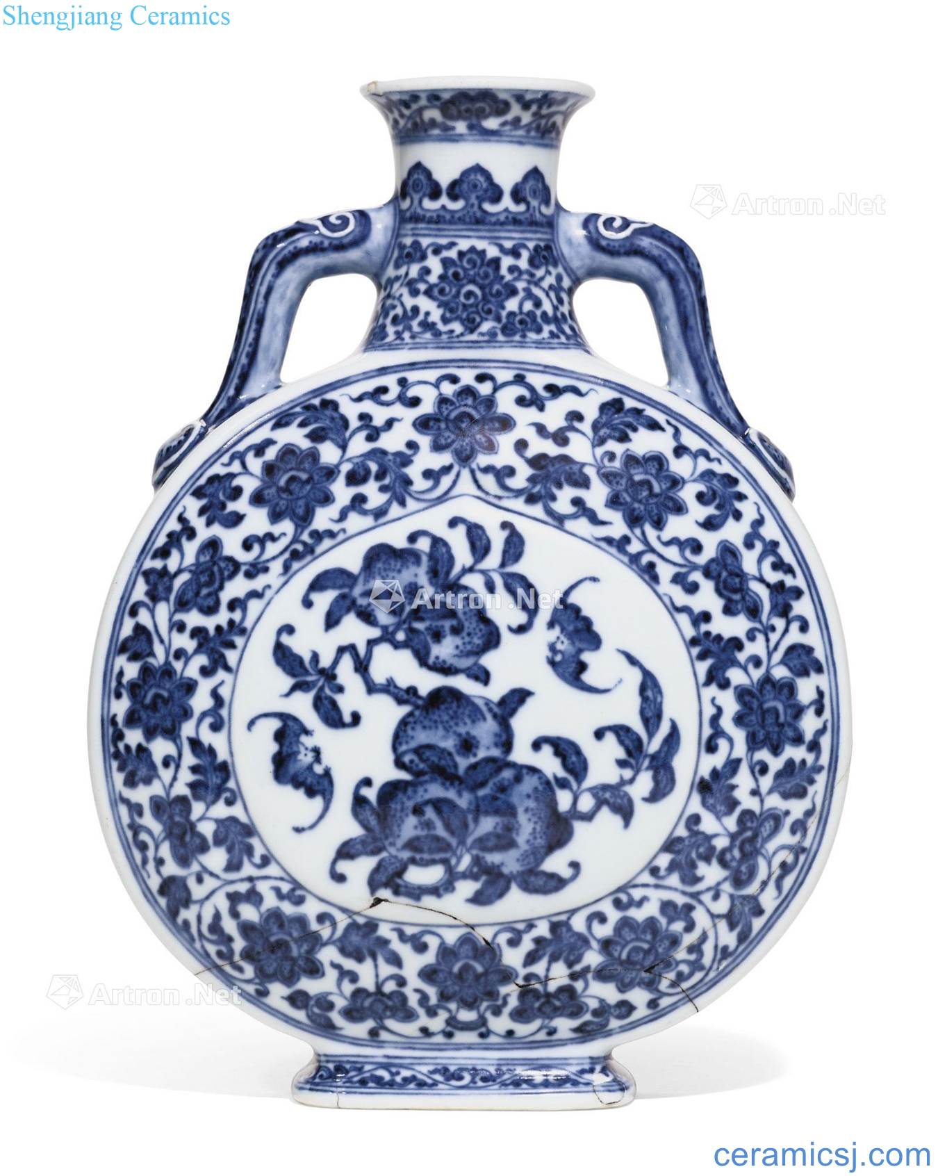 Qing qianlong Blue and white tie up lotus flower grain apricot round medallion live ears flat pot