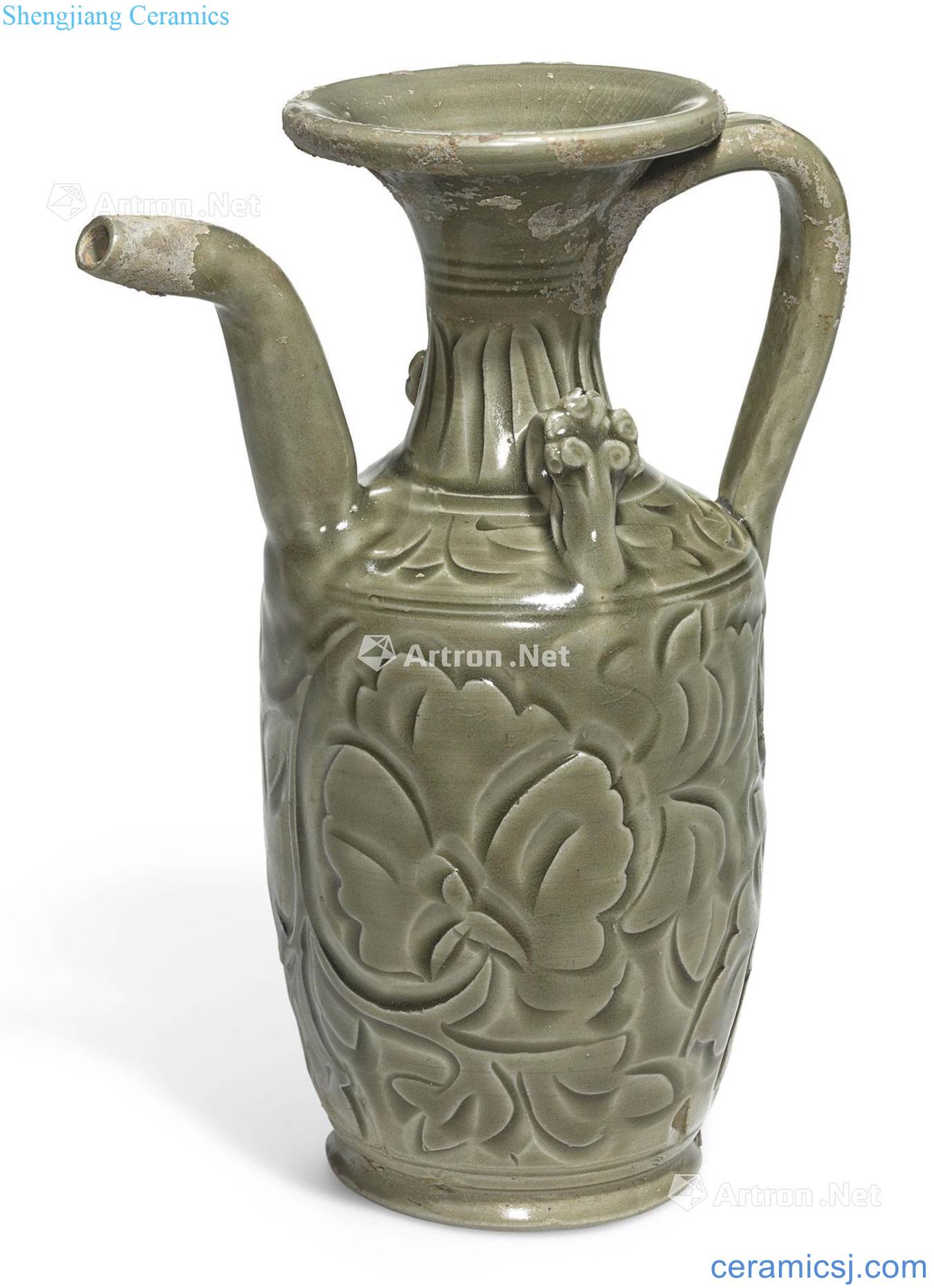 Northern song dynasty Yao state green glazed carved peony lines ewer
