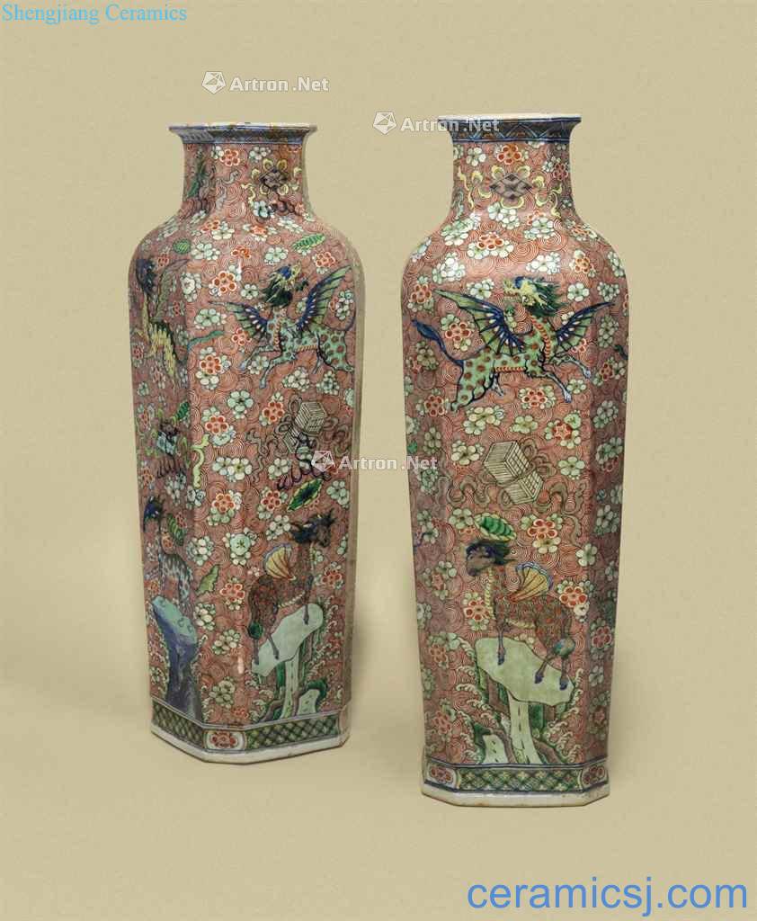 The 19 th CENTURY A PAIR OF LARGE SQUARE - SECTION WUCAI VASES