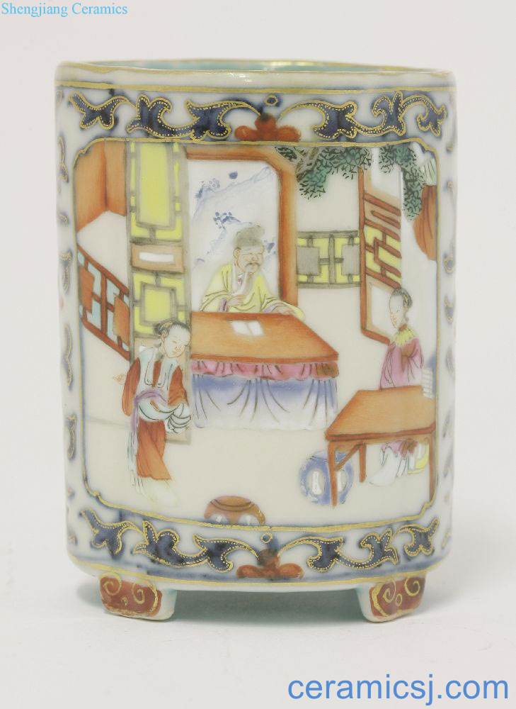 In the early nineteenth century Pastel medallion landscape character figure mouth pen container