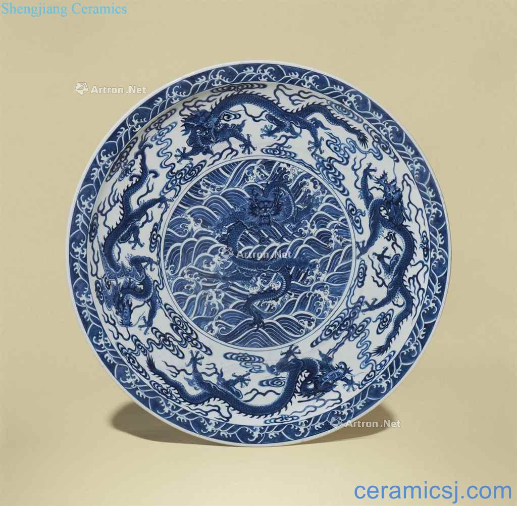 YONGZHENG SIX - CHARACTER MARK THE WITHIN DOUBLE CIRCLES THE AND OF THE PERIOD (1723-1735), A LARGE BLUE AND WHITE "NINE DRAGON" DISH