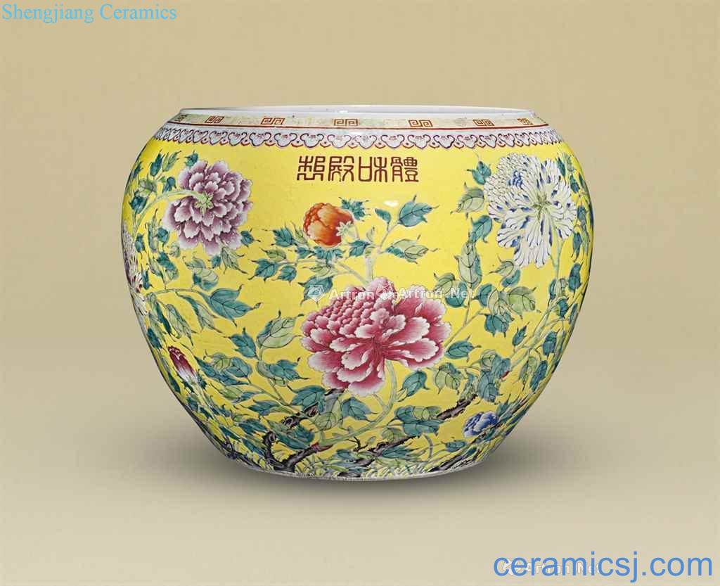 GUANGXU PERIOD (1875-1908), A MASSIVE FAMILLE ROSE, YELLOW - GROUND JARDINIERE