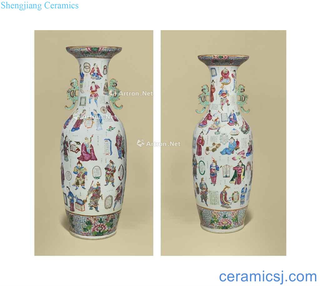 The 19 th CENTURY A LARGE PAIR OF FAMILLE ROSE 'WU SHUANG PU BALUSTER VASES