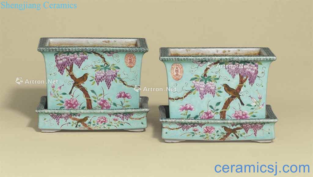 GUANGXU PERIOD (1875-1908), FOUR - CHARACTER YONG the QING CHANG CHUN MARKS IN IRON - RED - A PAIR OF DAYAZHAI FAMILLE ROSE TURQUOISE GROUND RECTANGULAR JARDINIERES AND STANDS