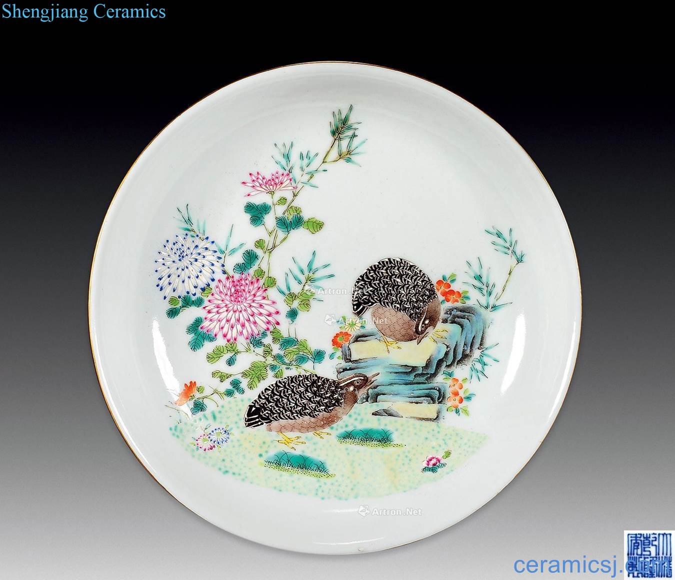 Qing qianlong pastel chrysanthemum quail tray