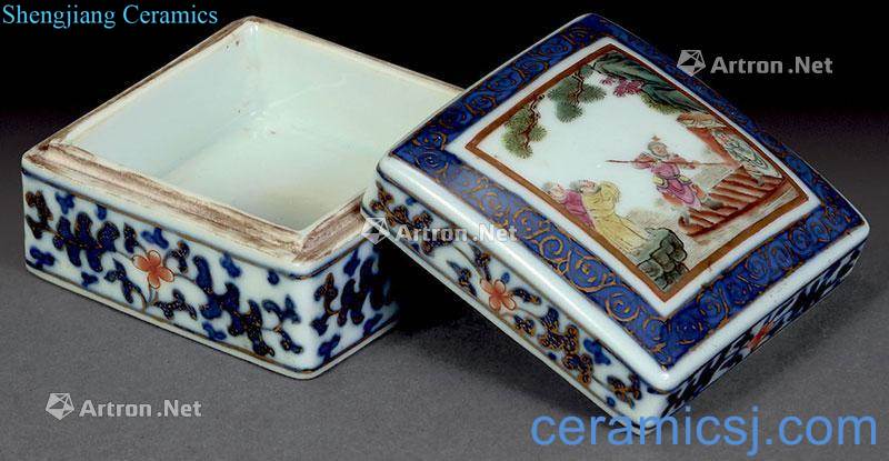 Qing dynasty blue and white enamel paint medallion character small box