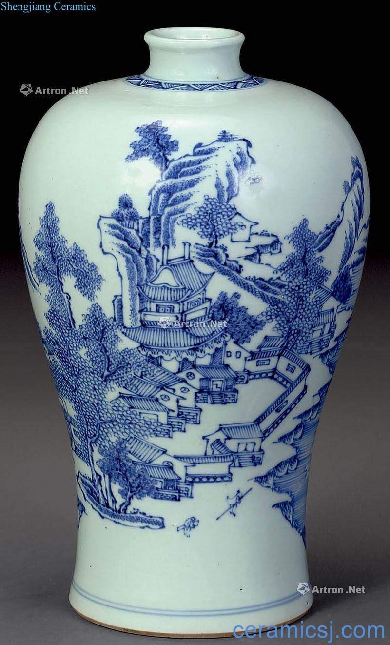 qing Blue and white landscape may bottle