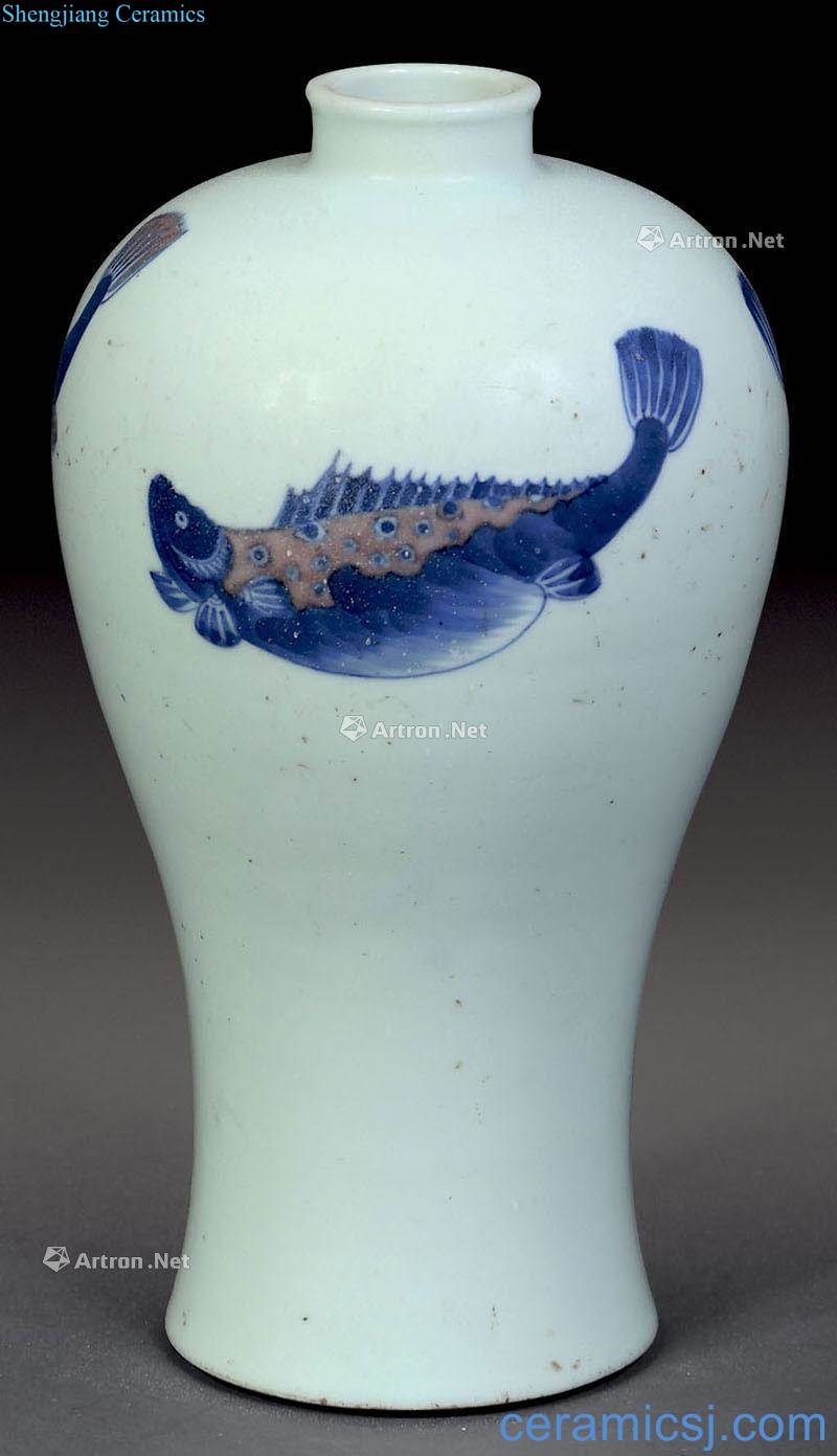 qing Blue and white with purple fish grain mei bottle