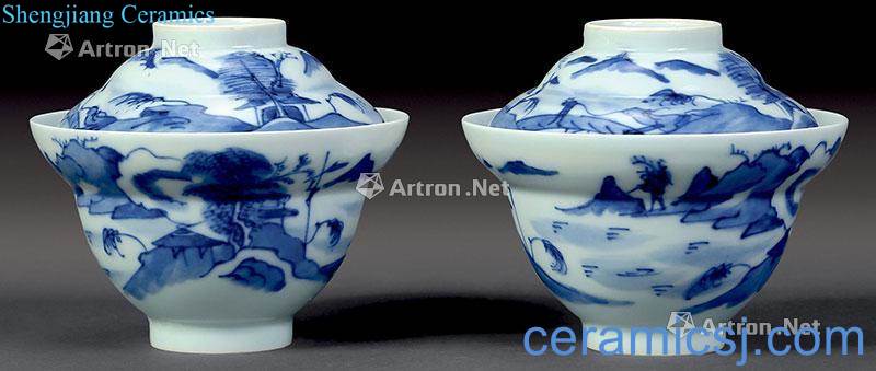 qing Blue and white landscape character tureen (2)