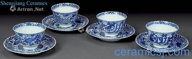 qing Blue and white fish and algae grain cups and saucers (8)