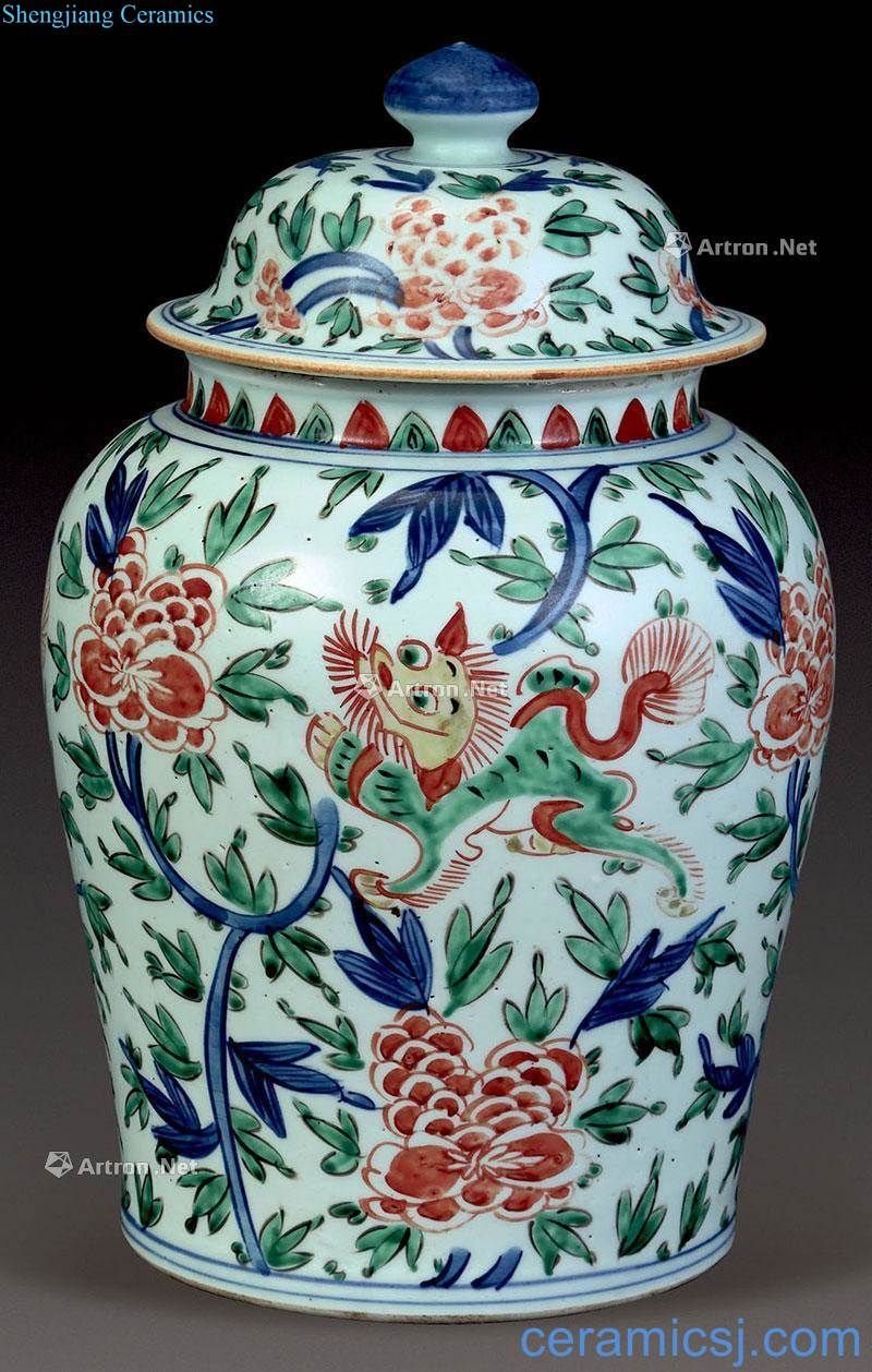 qing Blue and white lion grain tank