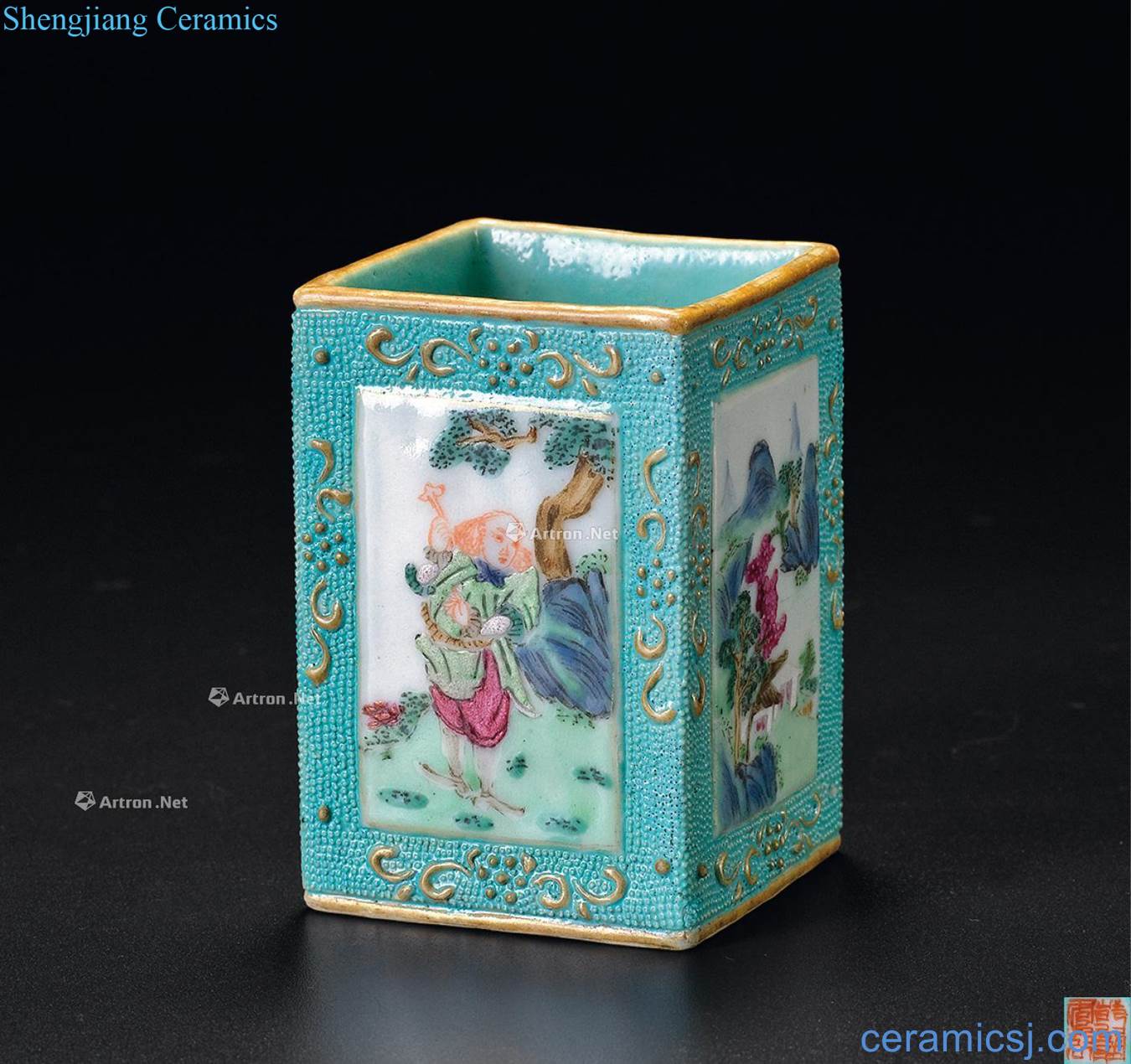 Qing qianlong to pearl powder enamel medallion landscape square brush pot