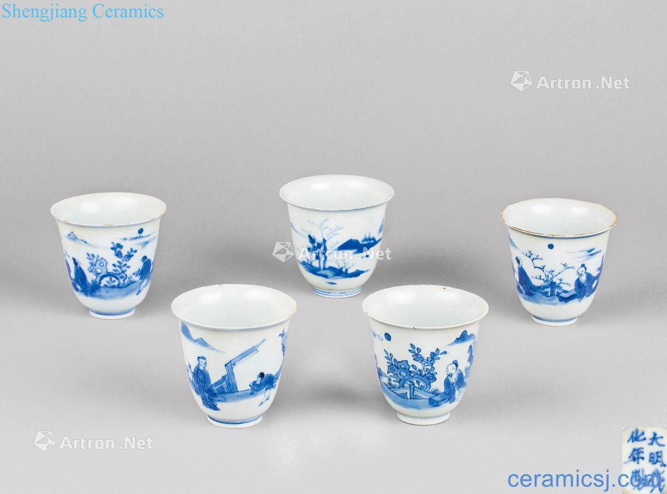 Ming dynasty (about 1627 ~ 1627) blue and white high and grain tea cups (five pieces a set)