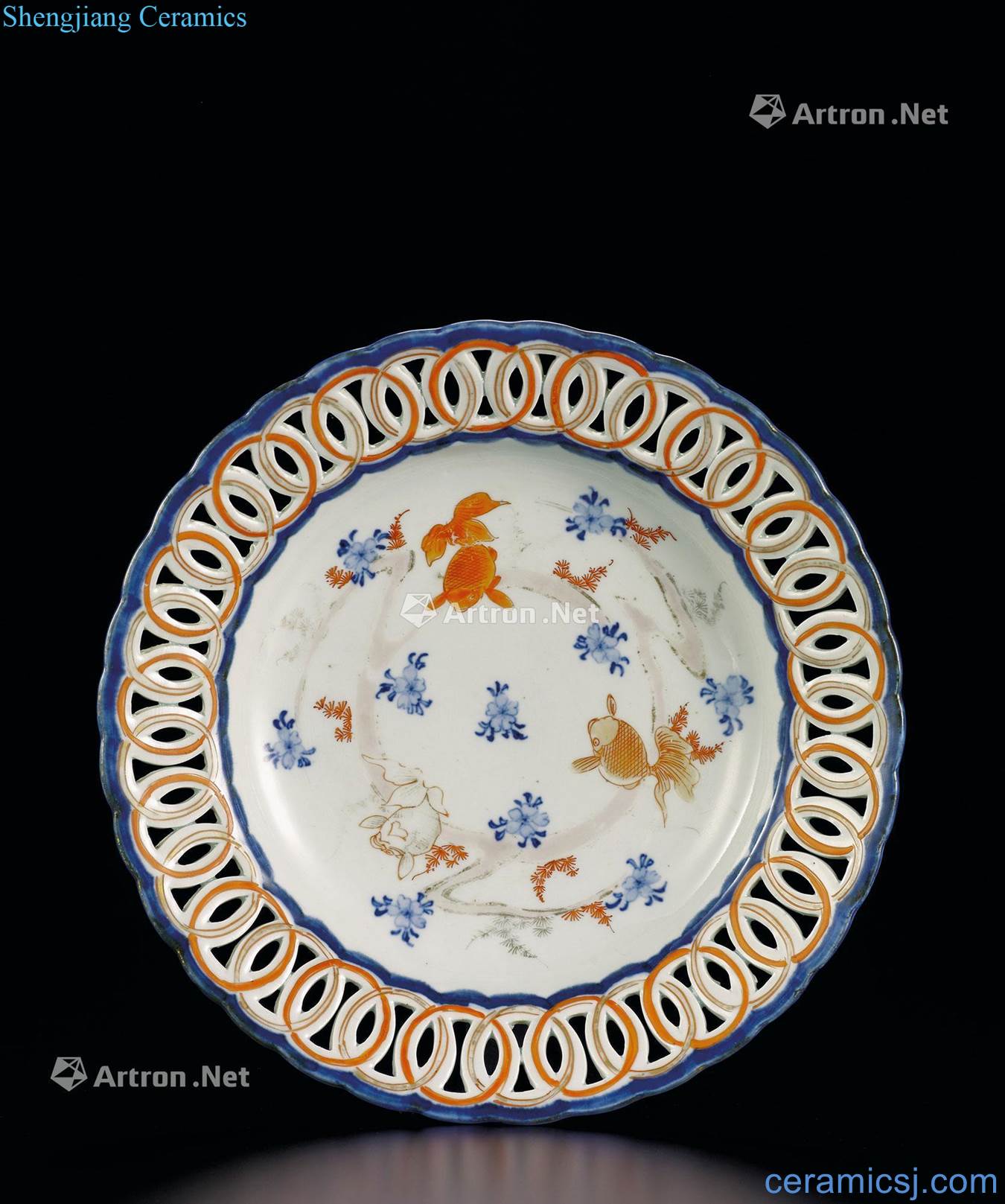 In the eighteenth century Blue and white alum red fish algae lines hollow out fold along the plate