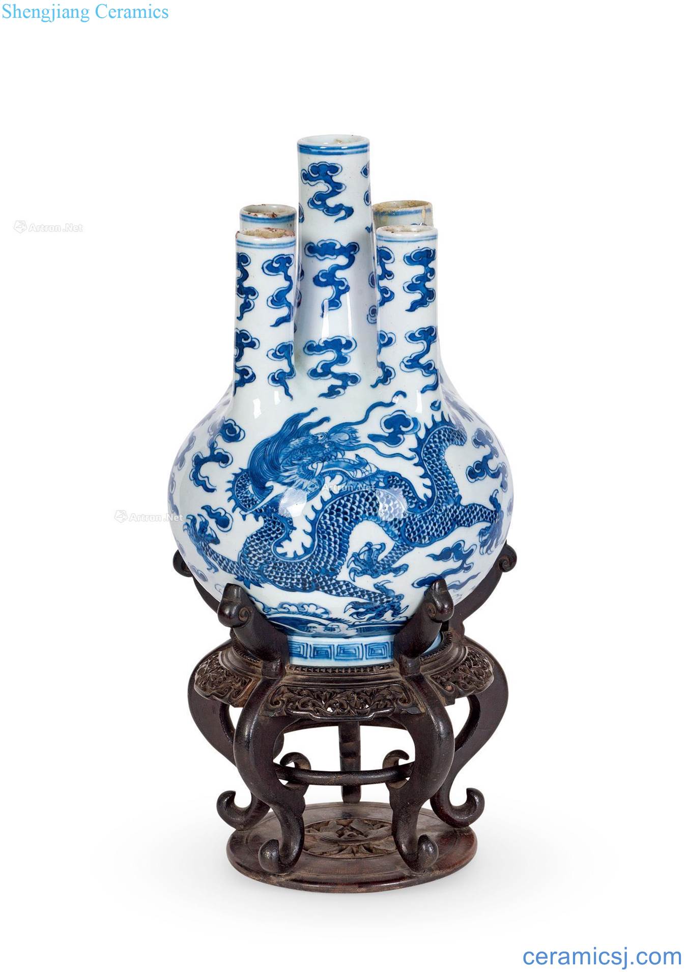 Mid qing Blue and white dragon playing pearl five tube bottles