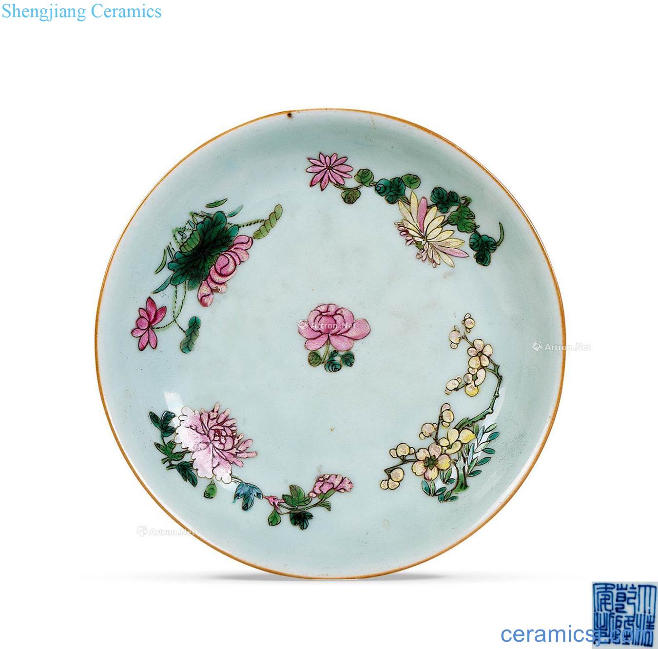 Qing qianlong pea green glaze pastel flowers tray