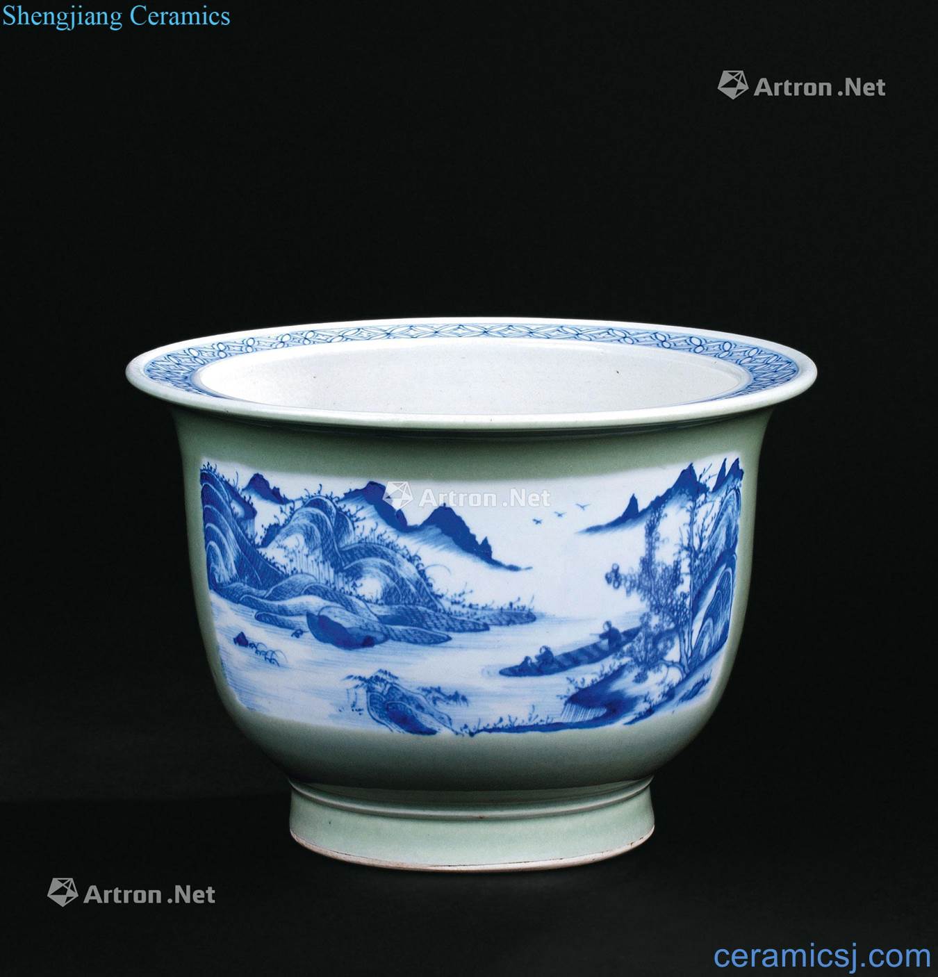 The qing emperor kangxi (1662-1722), pea green to blue and white medallion landscape pattern flowerpot