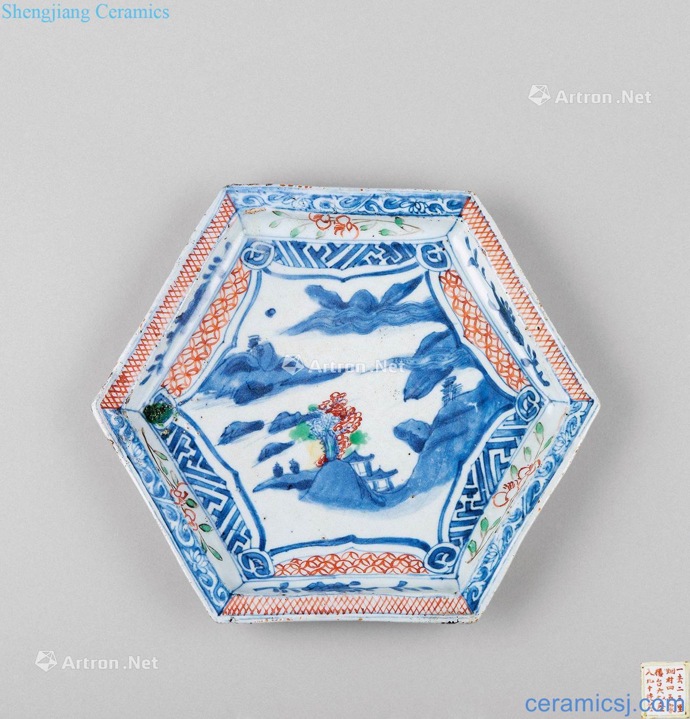 The late Ming dynasty (1583-1644) apocalypse three-color landscape scenery lines hexagonal plates
