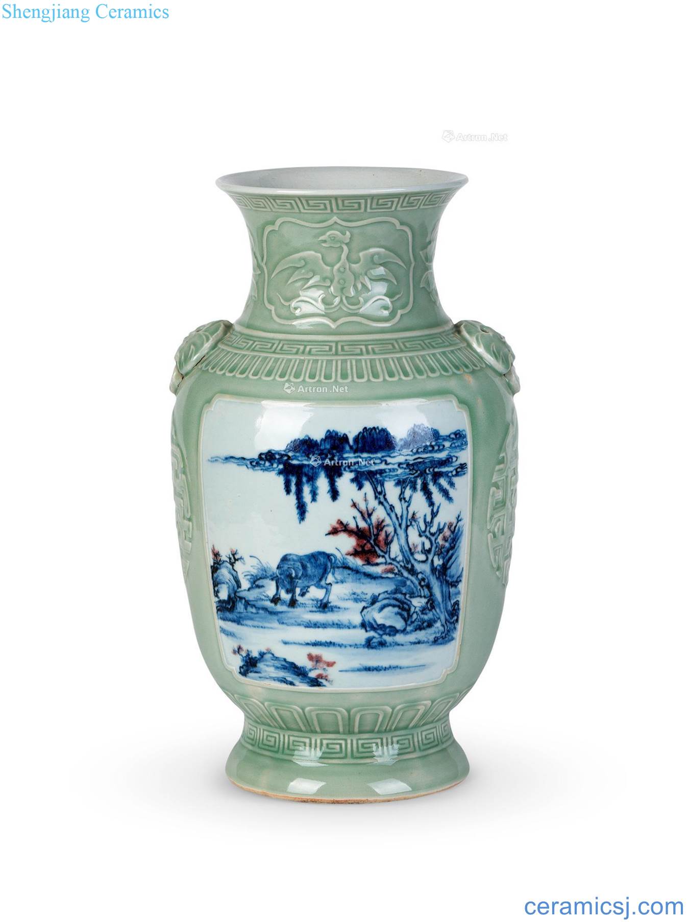 Qing qianlong pea green glaze medallion blue-and-white youligong landscape double blessing