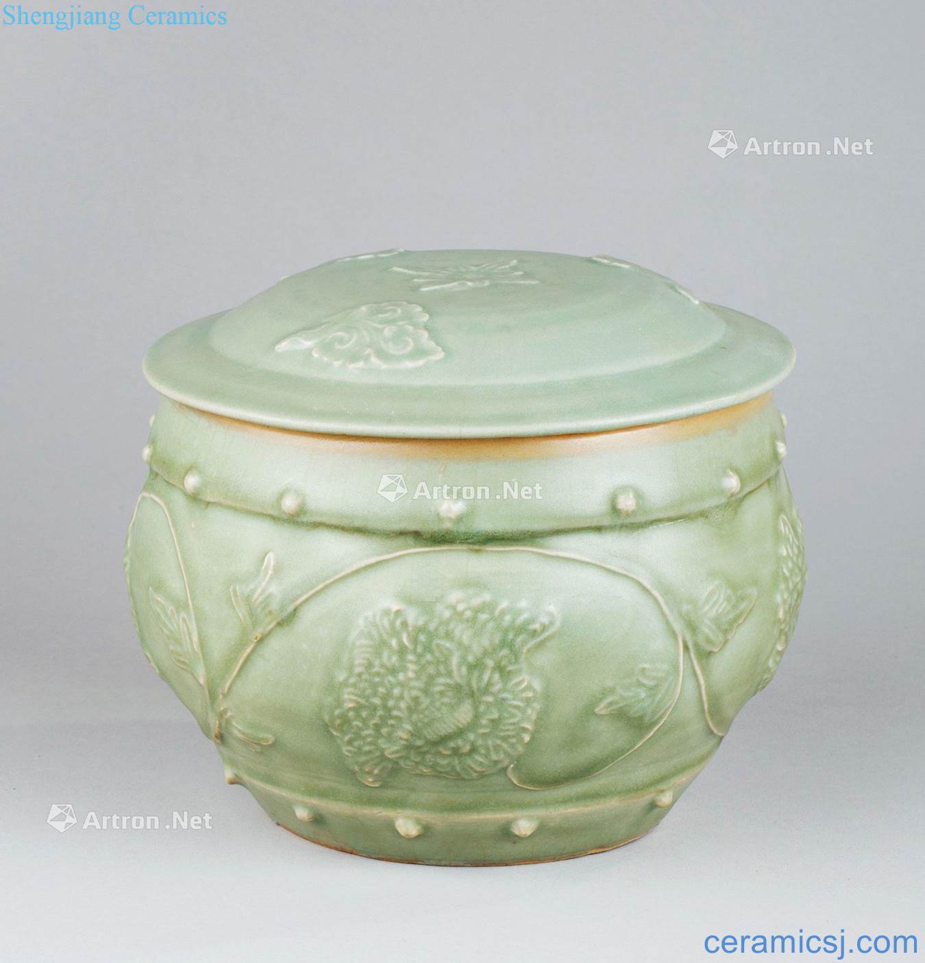 Song dynasty - the yuan dynasty (960-1368), longquan celadon peony grains drum shape cover tank