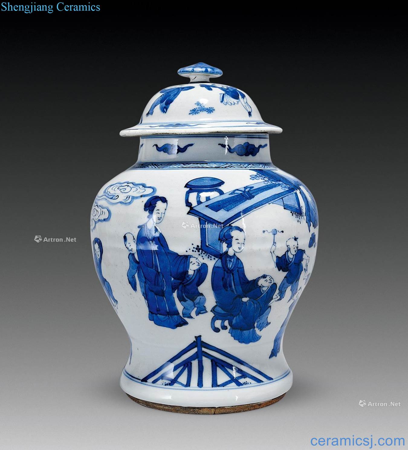 In the qing dynasty blue and white baby play figure cans