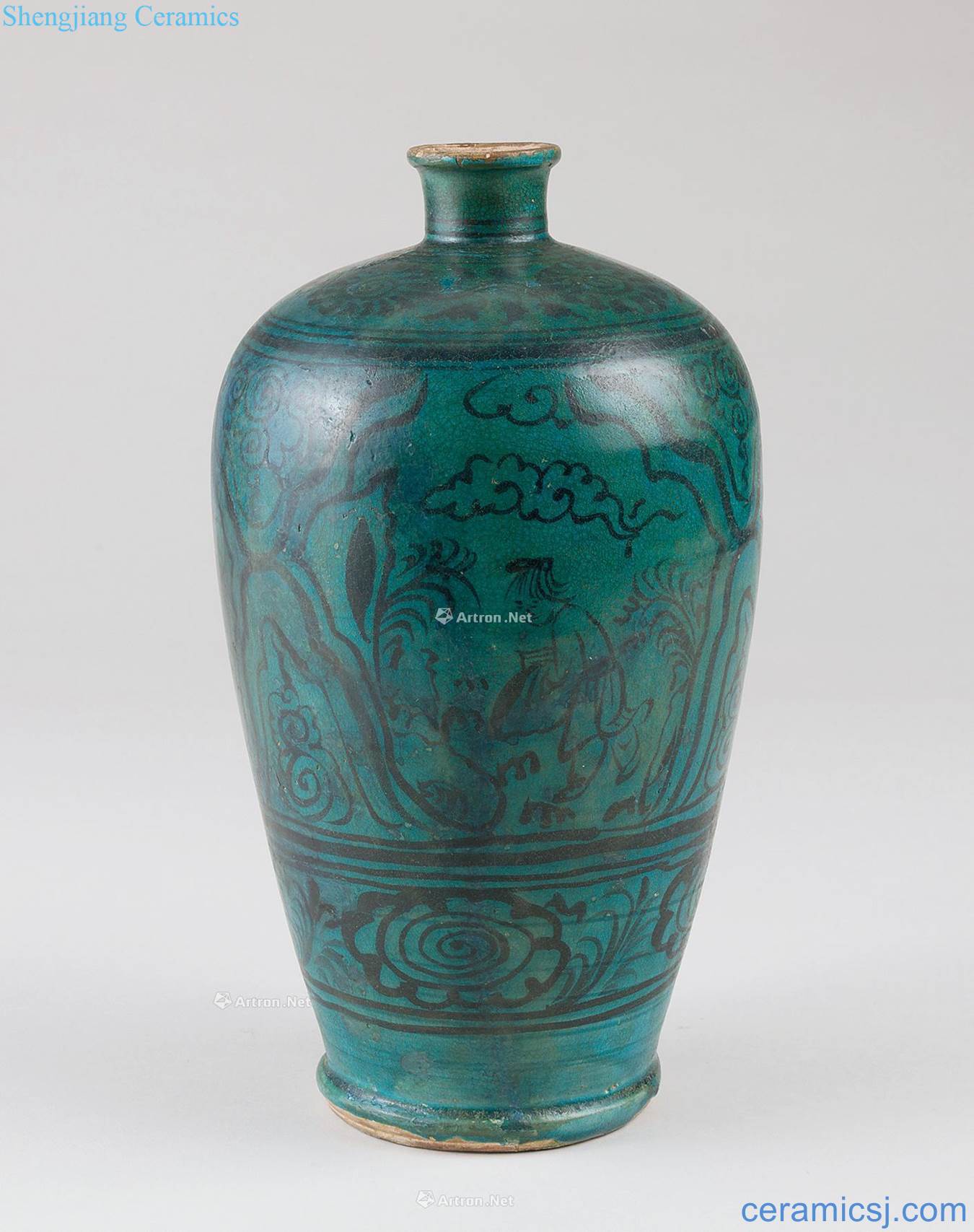 yuan Magnetic state kiln animal medallion plum bottle blue glaze color ink characters