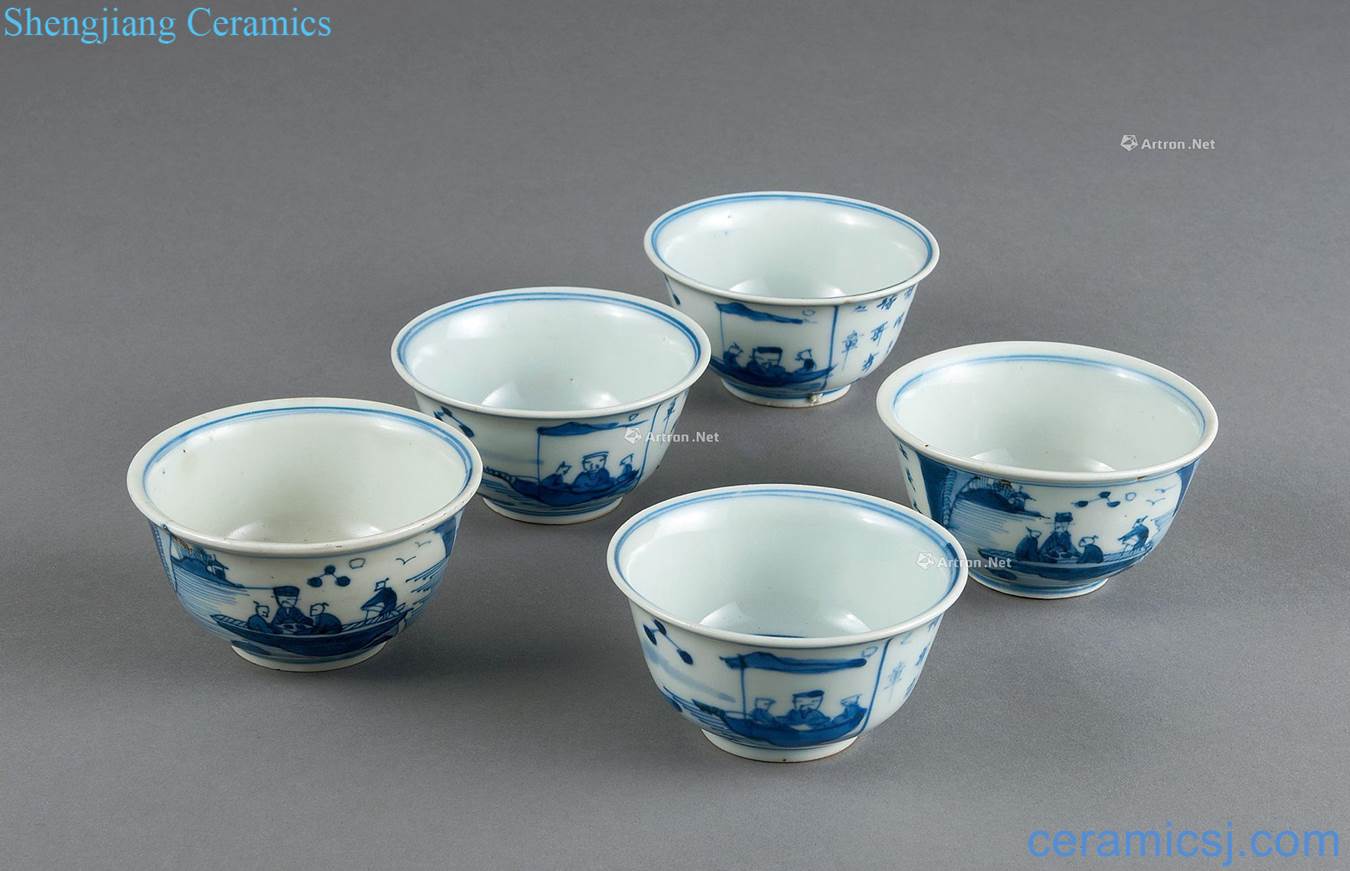 qing Blue and white poetry character lines cup five guests