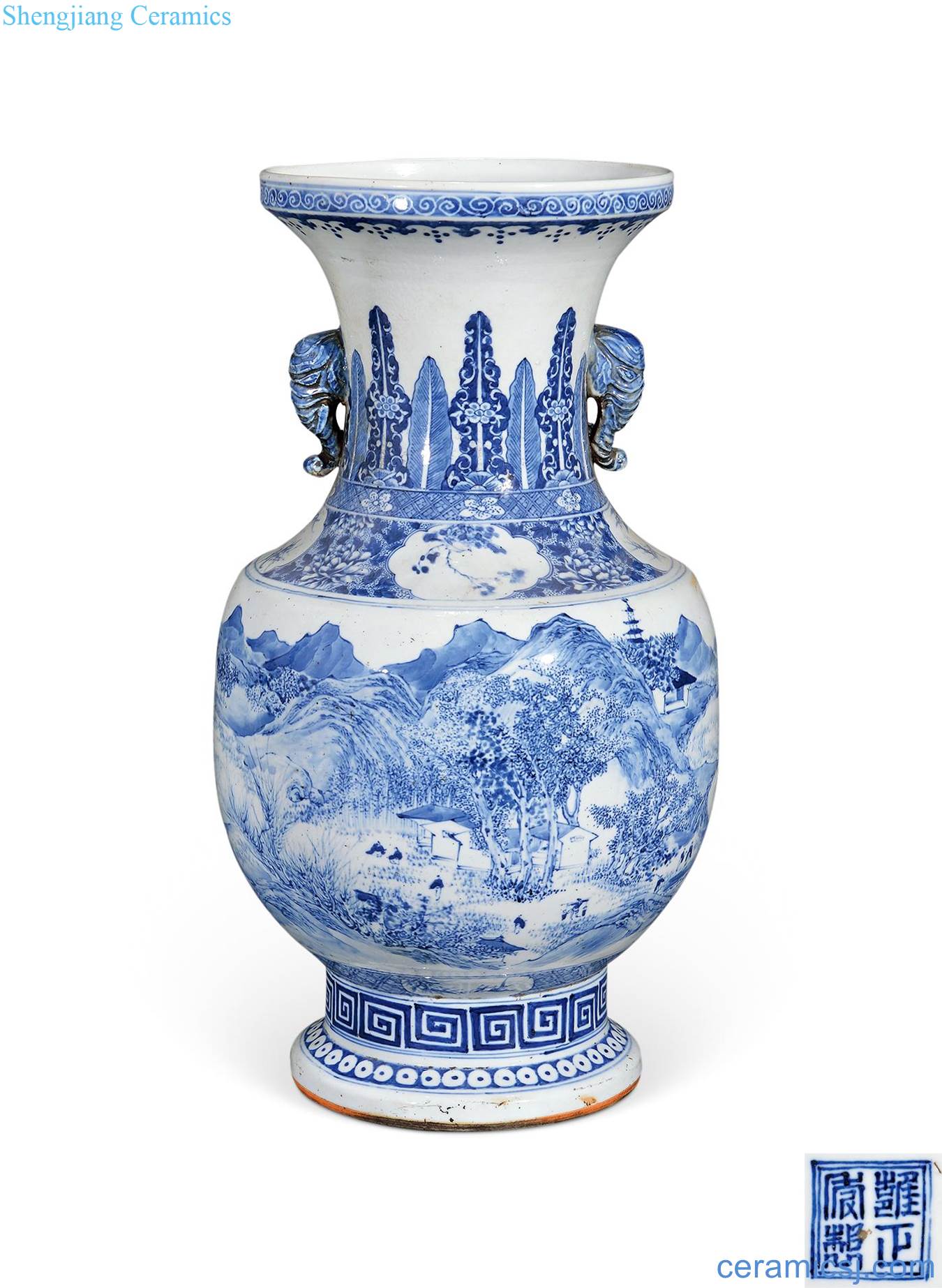 Qing daoguang Blue and white landscape people object statue of ears