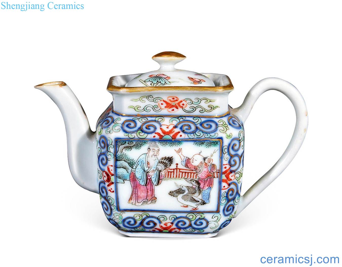 Mid qing pastel character lines teapot