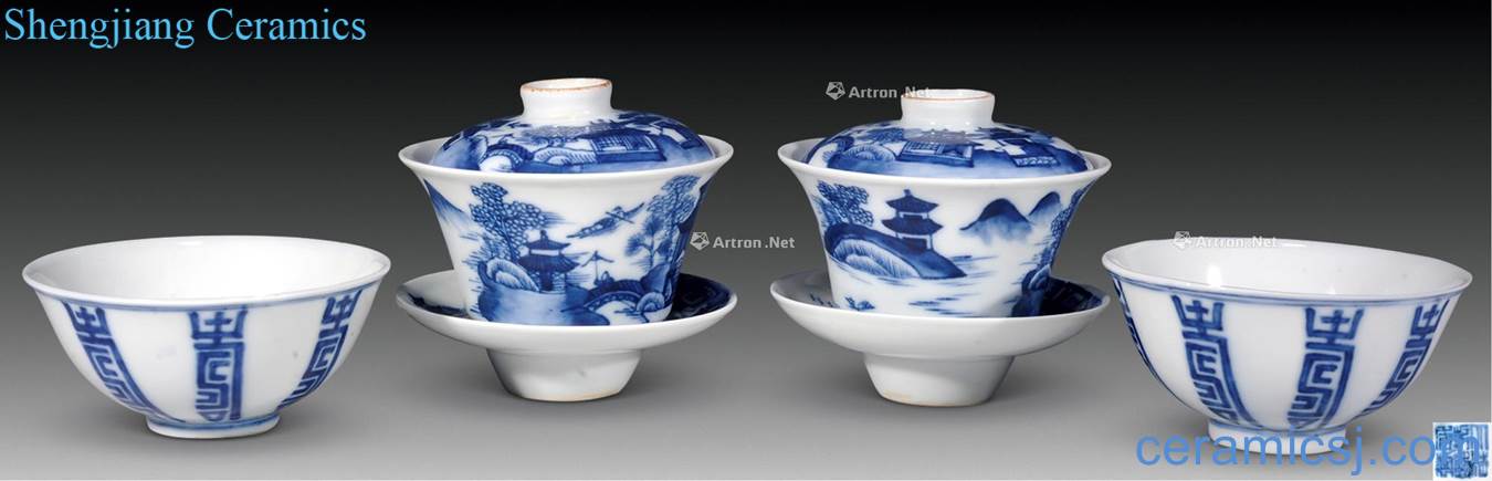 qing Blue and white landscape cover cup, longevity bowl (4)
