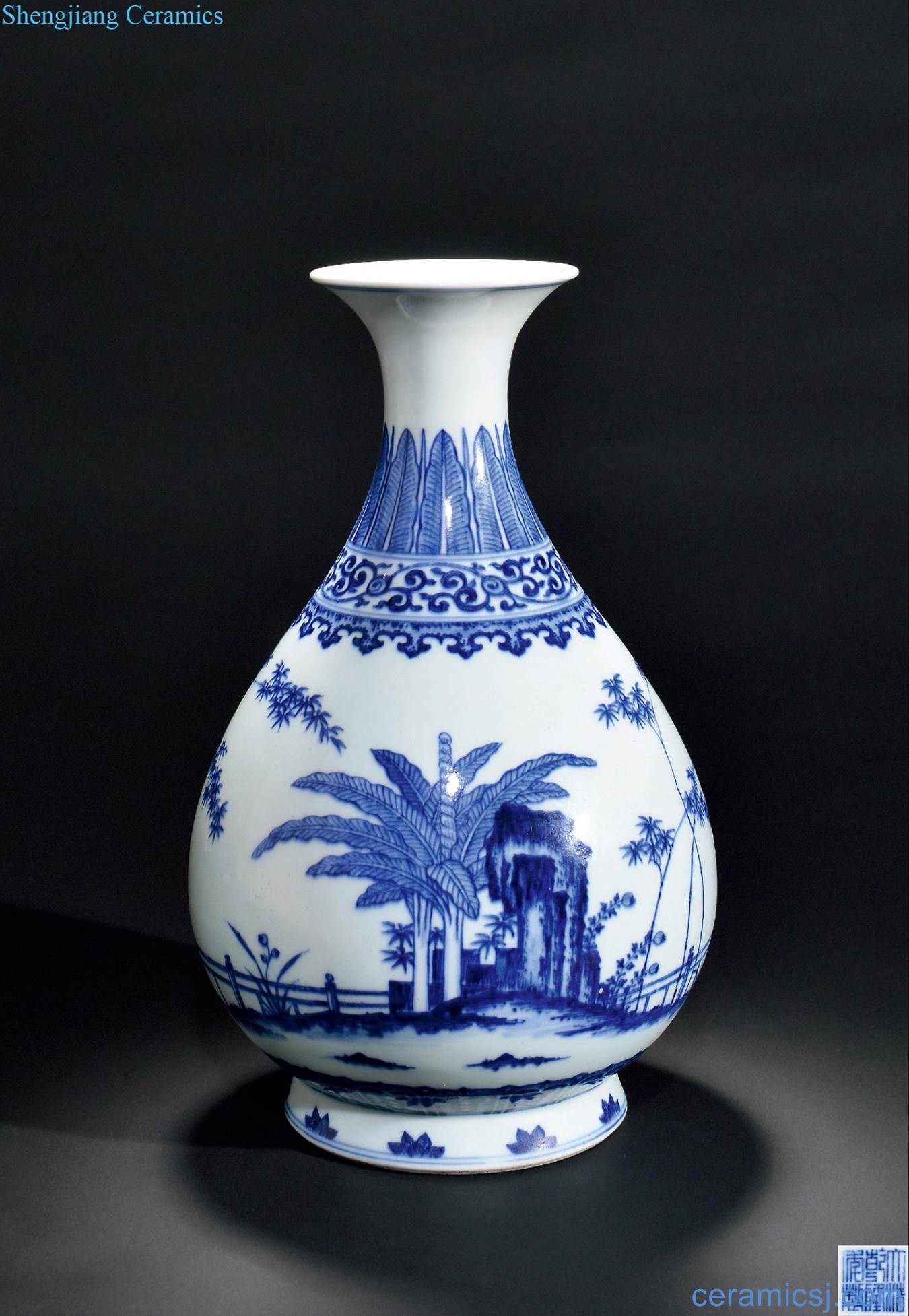 Qing qianlong Blue and white bamboo stone plantain okho spring bottle