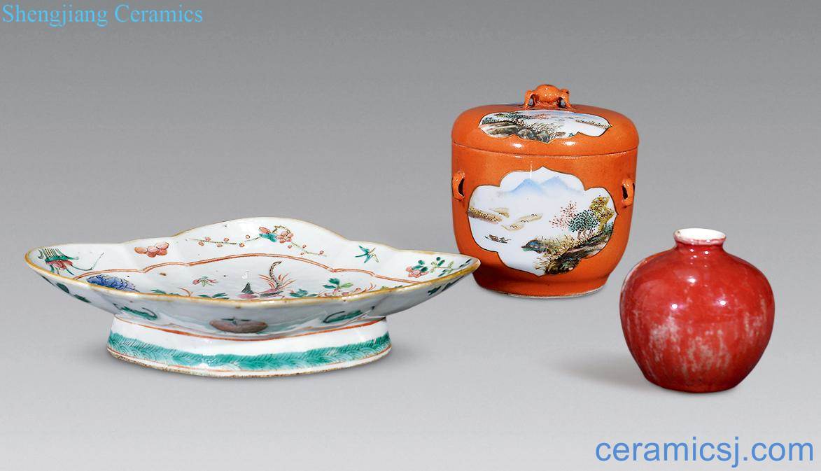 Qing powder enamel pot, pastel best dishes, red glaze (a group of three)