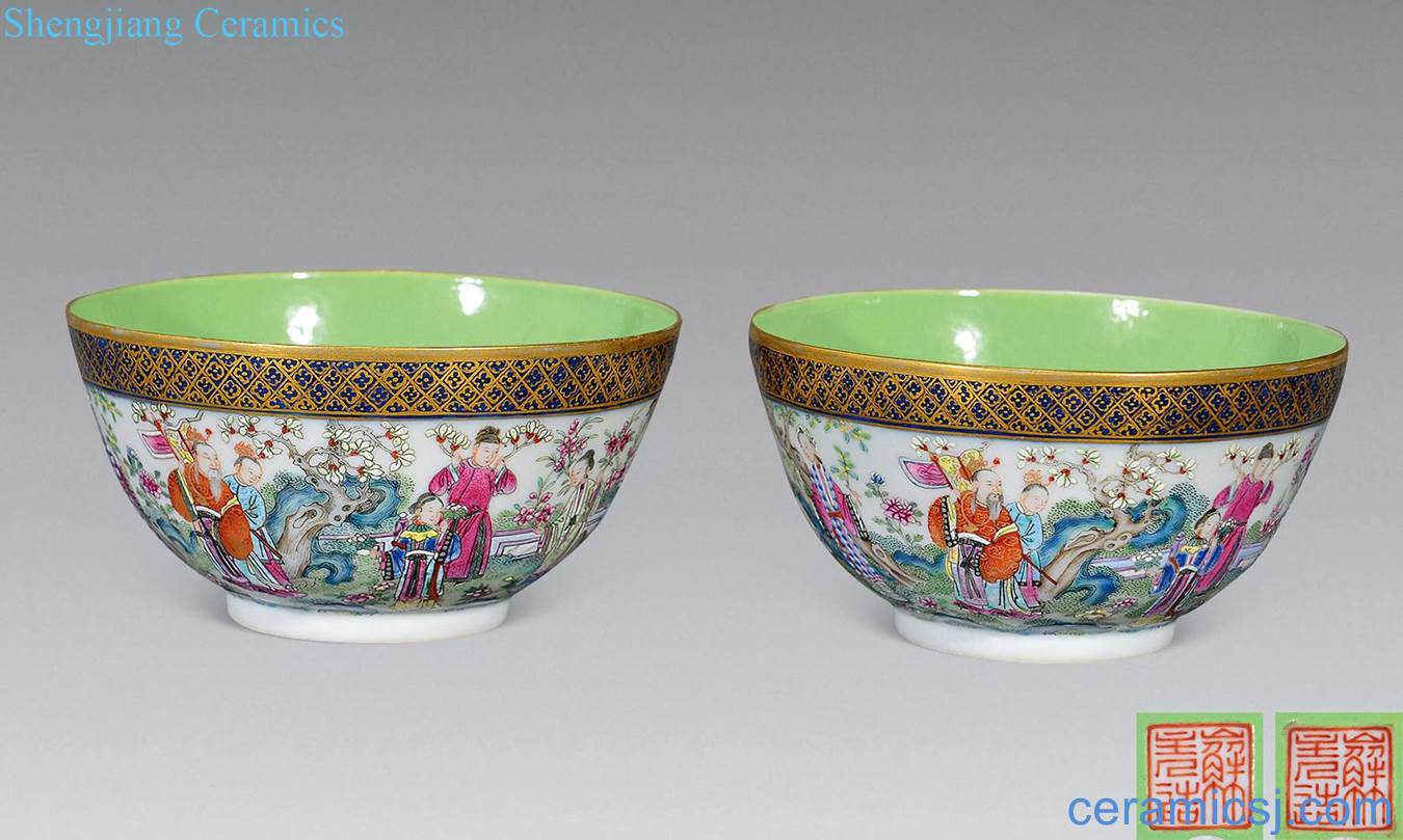 Outside in the clear light green glaze enamel characters bowl (a)