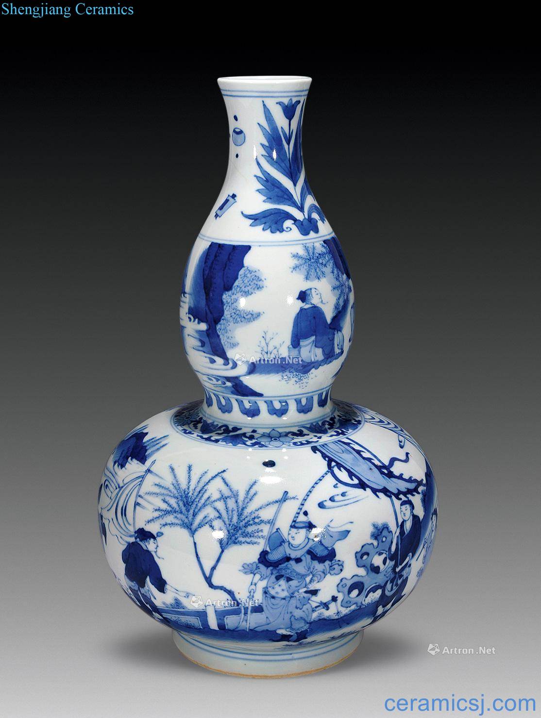 Ming chongzhen Blue and white gourd bottle shuihu characters
