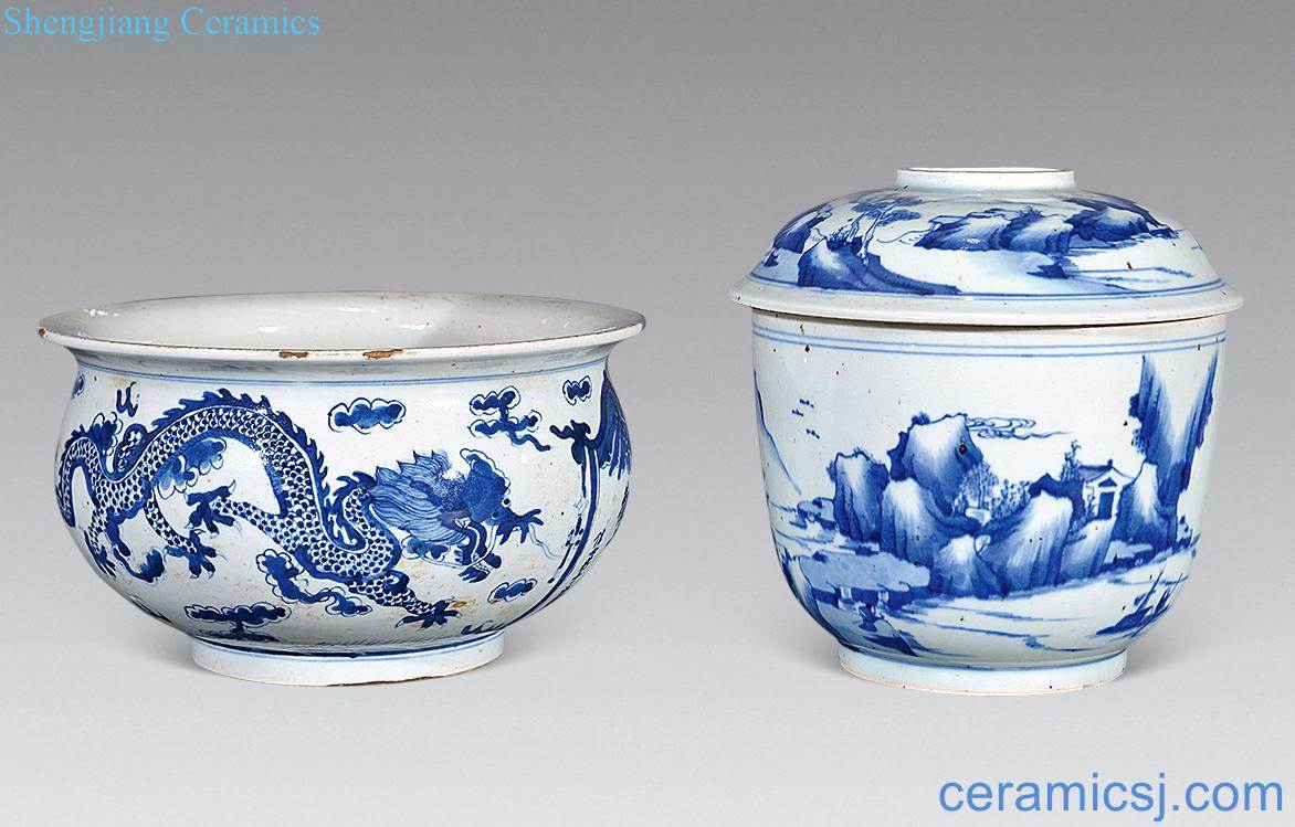 The qing emperor kangxi Blue and white landscape characters cover pot, dragon furnace (two)