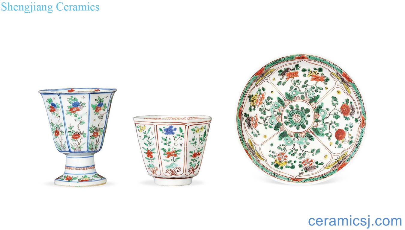 Colorful flowers cup, dish of the reign of emperor kangxi (a group of three)
