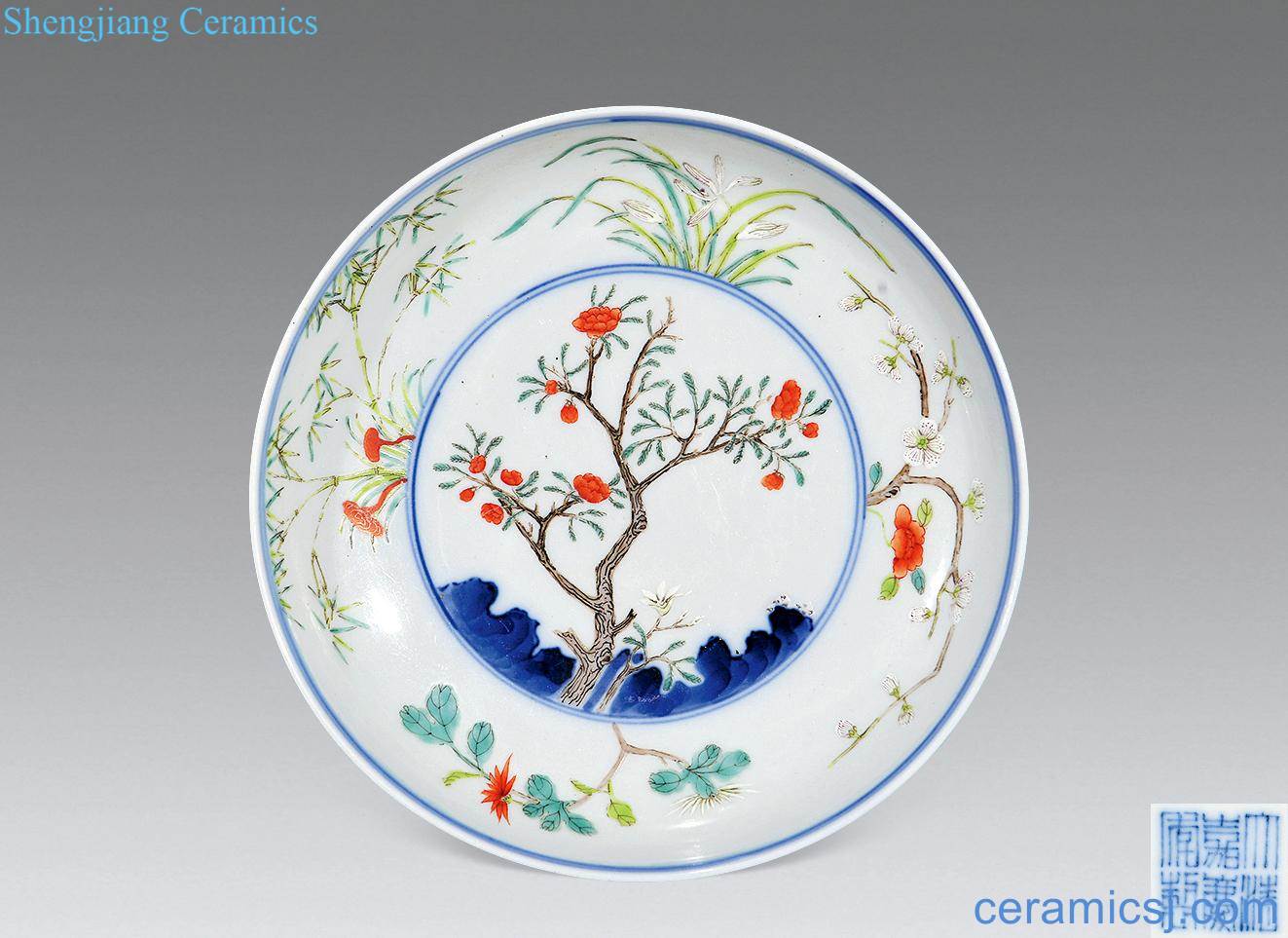 Qing jiaqing Blue and white enamel four seasons flower disc